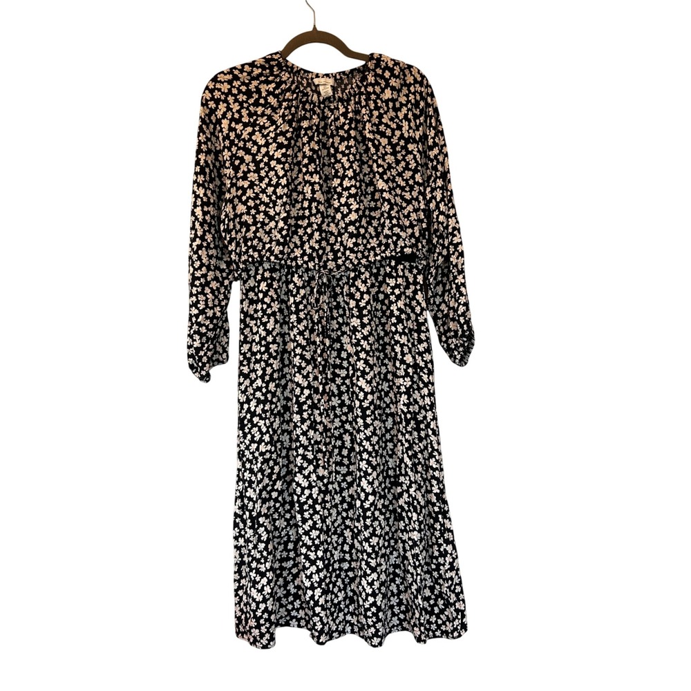 H&M Mama Maternity Floral Midi Dress Black White Long Sleeve Large Nursing Dress